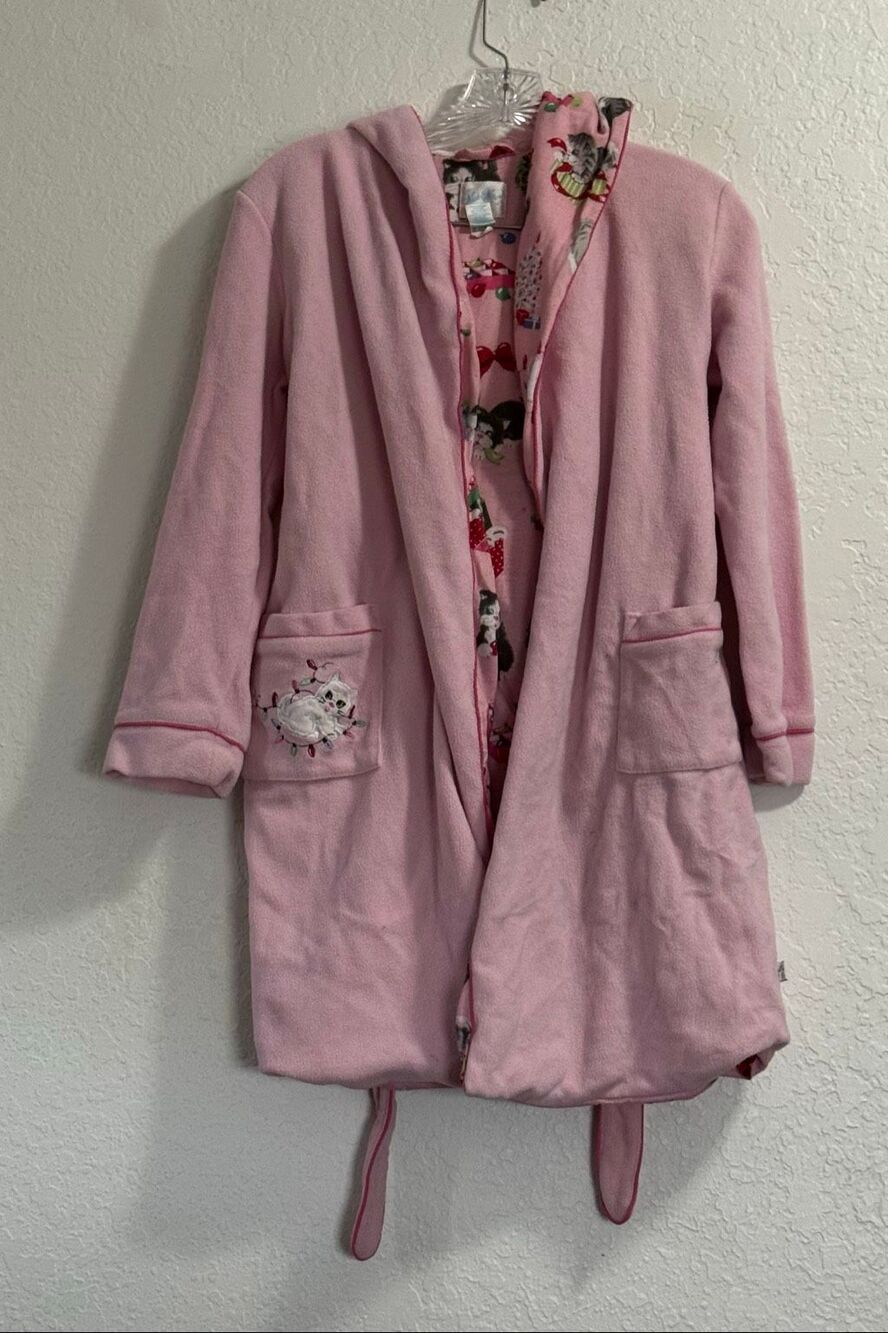 Nick & Nora Pink Fleece Kitty Cat Christmas Mid-Length Bath Robe XL 14 16 youth